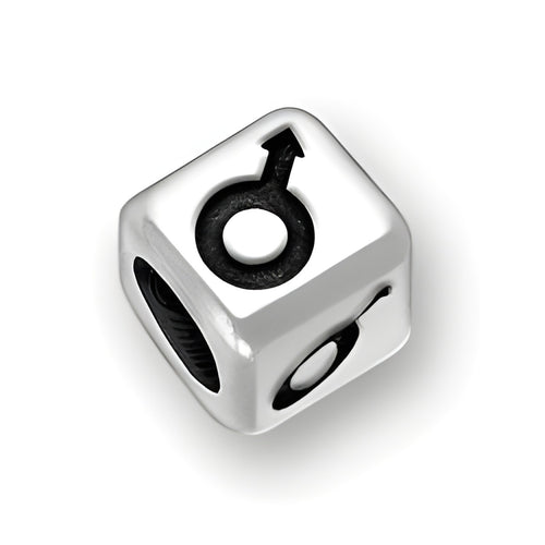 6mm Rounded Square Letter Block Bead in sterling silver featuring a male symbol design and a 4mm hole.