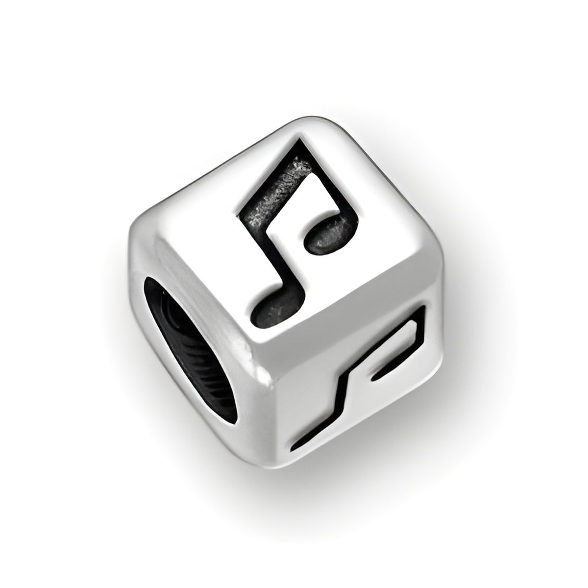 6mm Rounded Square Letter Block Bead in sterling silver featuring a music note symbol, with a 4mm hole.