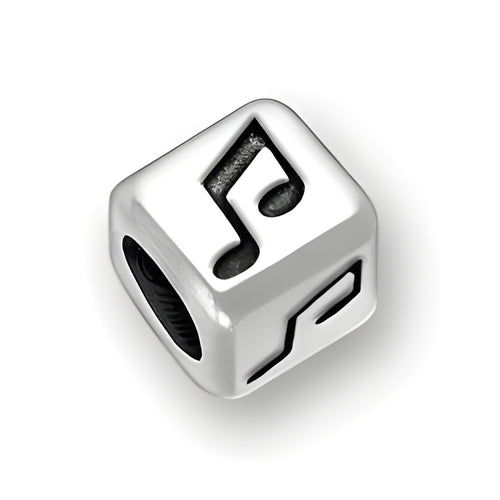 6mm Rounded Square Letter Block Bead in sterling silver featuring a music note symbol, with a 4mm hole.