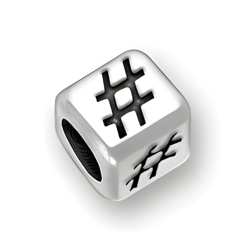 6mm Rounded Square Letter Block Bead in sterling silver featuring a number sign/hashtag design with a 4mm hole.