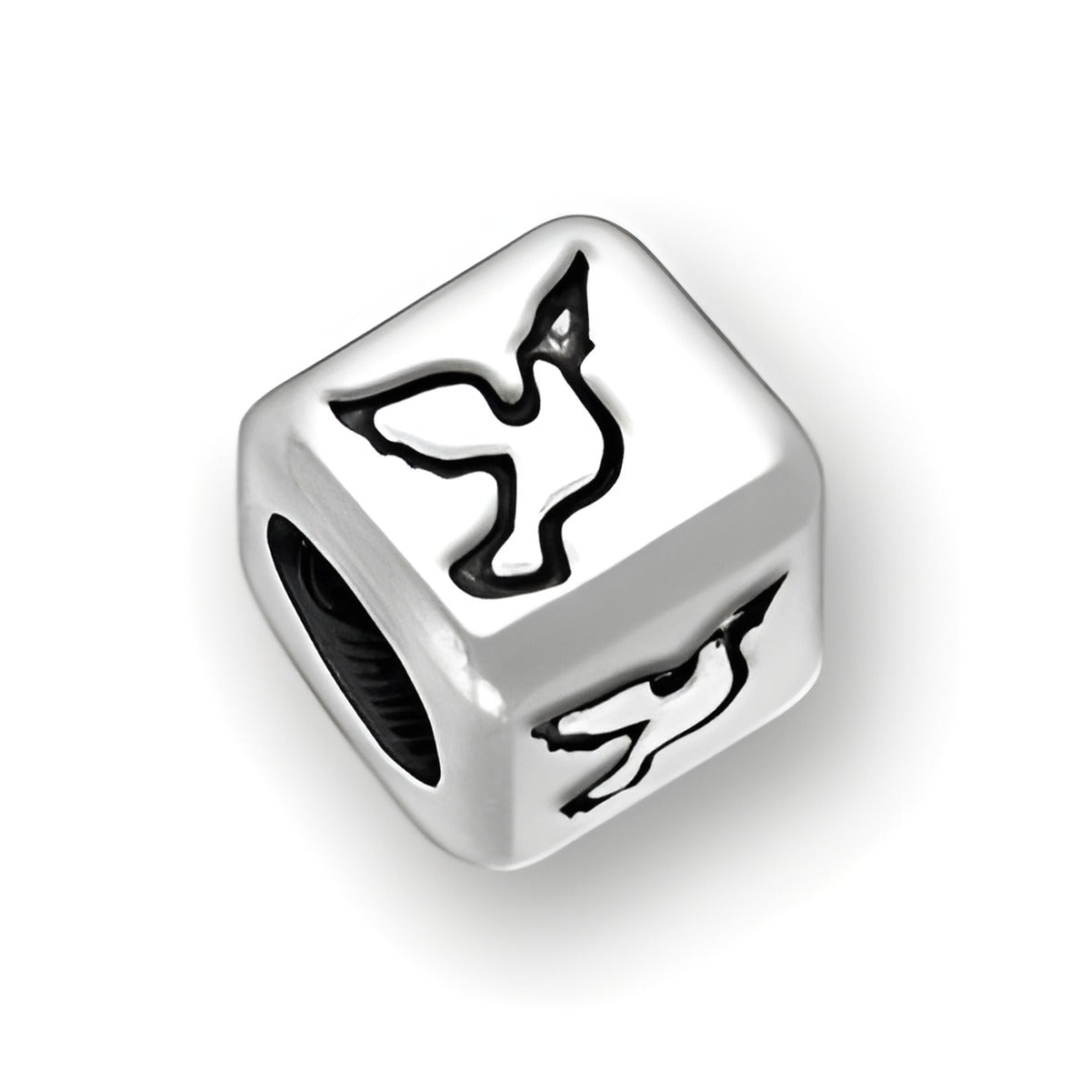 6mm Rounded Square Letter Block Bead in sterling silver featuring a peace dove symbol, with a 4mm hole.