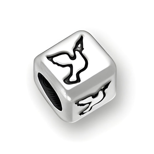 6mm Rounded Square Letter Block Bead in sterling silver featuring a peace dove symbol, with a 4mm hole.