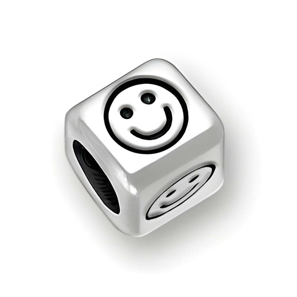 6mm rounded square letter block bead in sterling silver featuring a smiley face design on two sides.