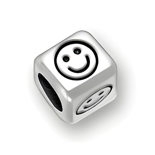 6mm rounded square letter block bead in sterling silver featuring a smiley face design on two sides.