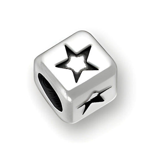 6mm rounded square letter block bead in sterling silver with star symbols cut out, featuring a 4mm hole.
