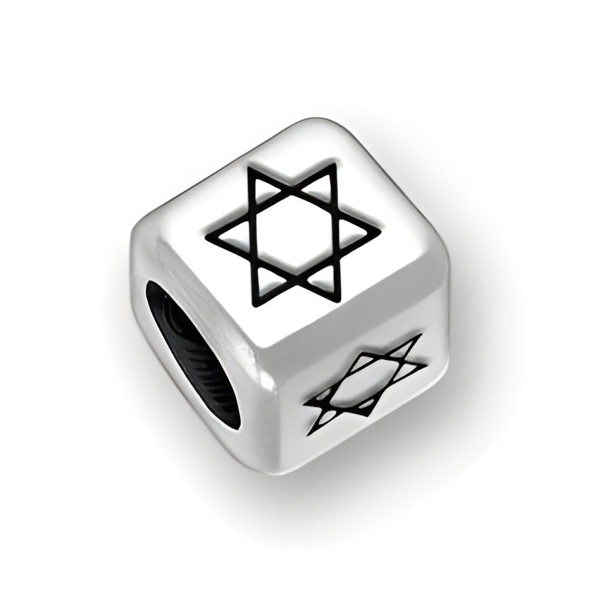 6mm rounded square letter block bead in sterling silver featuring the Star of David symbol, with a 4mm hole.