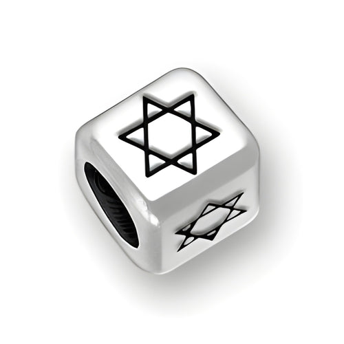 6mm rounded square letter block bead in sterling silver featuring the Star of David symbol, with a 4mm hole.