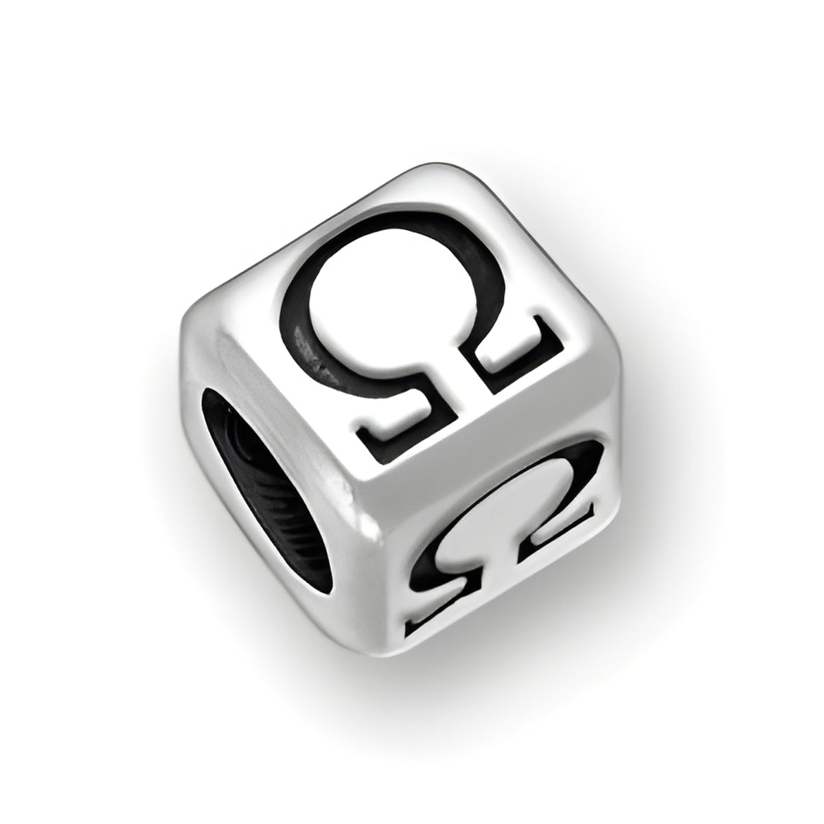 6mm rounded square letter block bead in sterling silver featuring the Greek letter Omega design, with a 4mm hole.