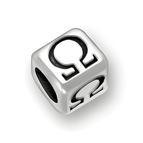 6mm rounded square letter block bead in sterling silver featuring the Greek letter Omega design, with a 4mm hole.
