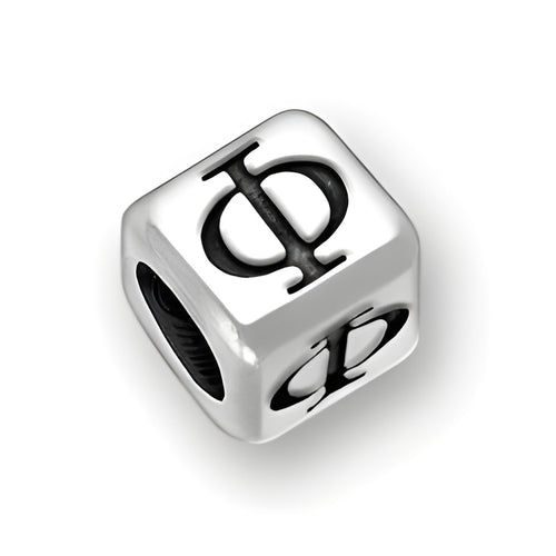 6mm rounded square letter block bead in sterling silver featuring the Greek letter Phi, with a 4mm hole.