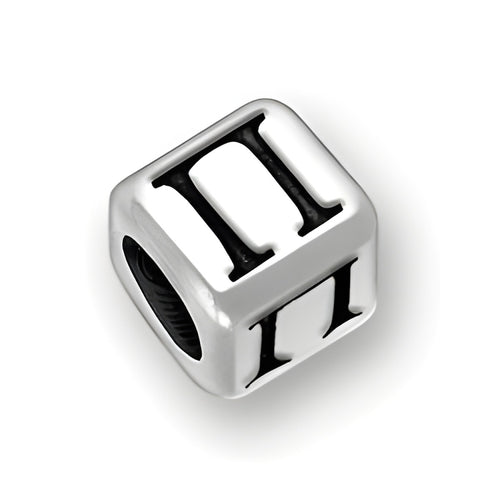 6mm rounded square letter block bead in sterling silver featuring the Greek letter Pi, with a 4mm hole for threading.