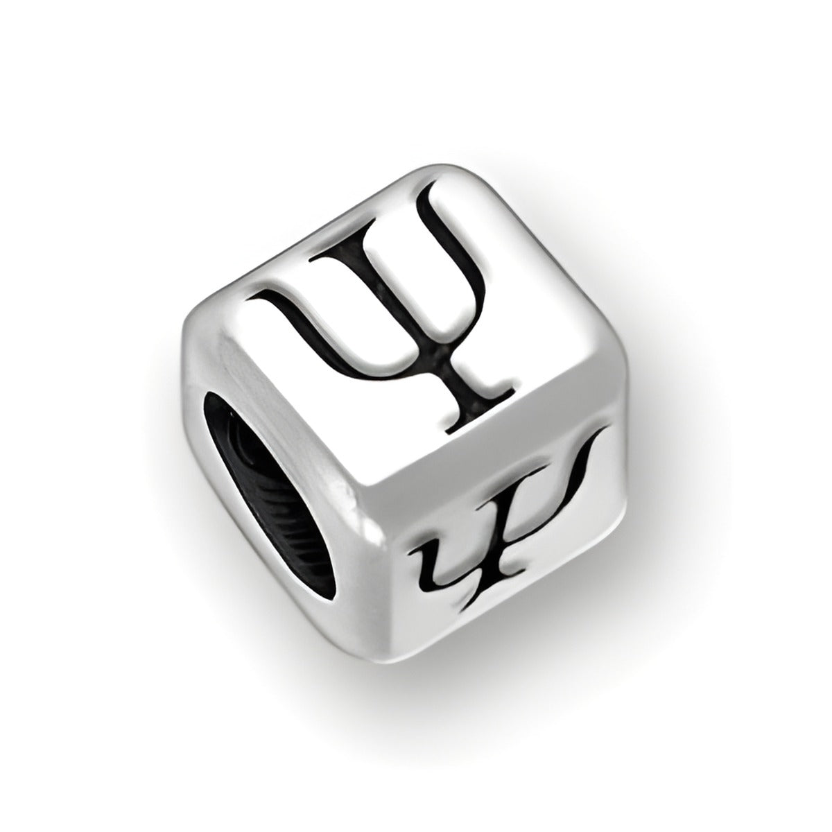 6mm rounded square letter block bead in sterling silver featuring the Greek letter Psi, with a 4mm hole.