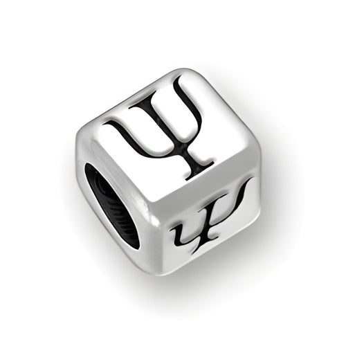 6mm rounded square letter block bead in sterling silver featuring the Greek letter Psi, with a 4mm hole.