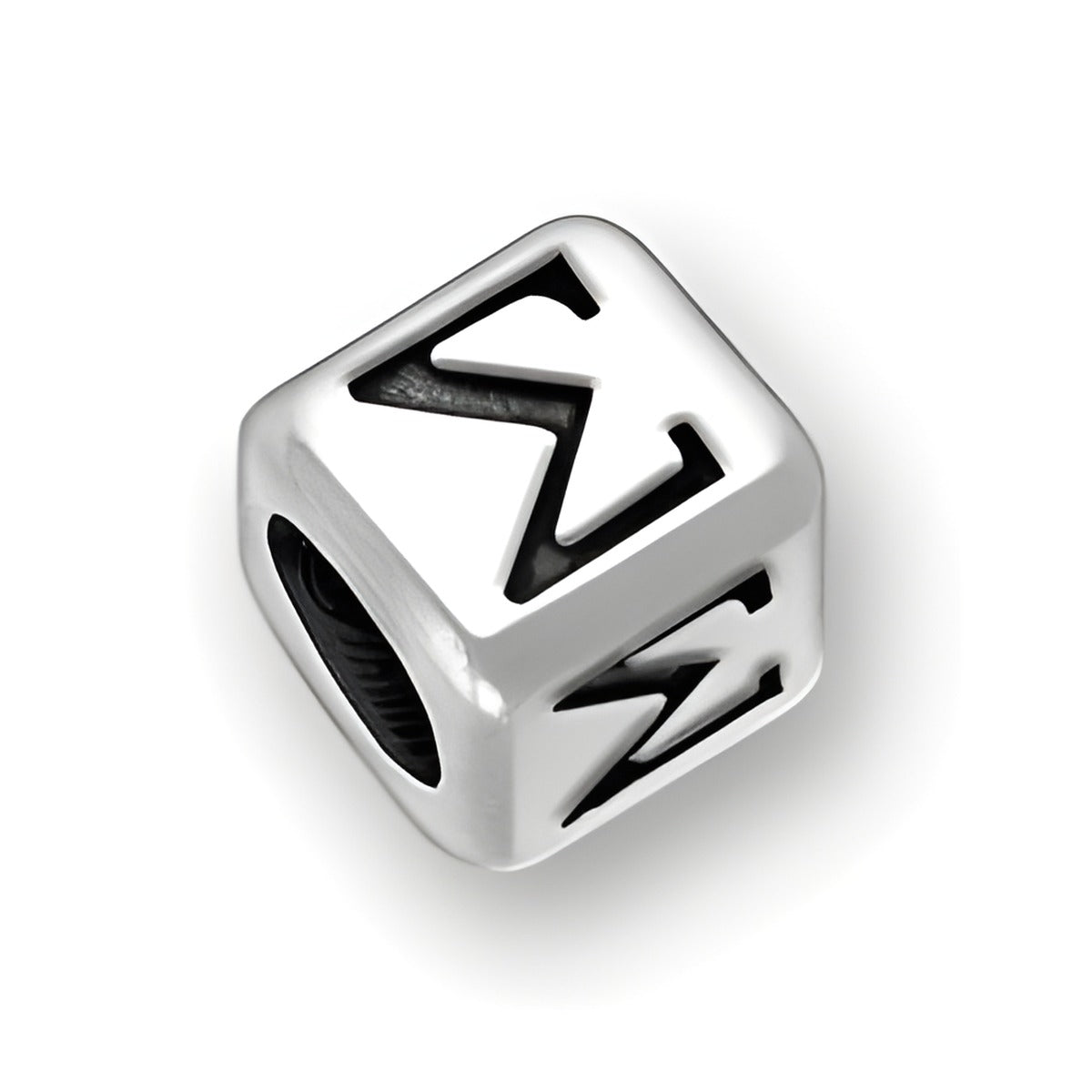 6mm Rounded Square Letter Block Bead in sterling silver featuring the Greek letter Sigma, with a 4mm hole.