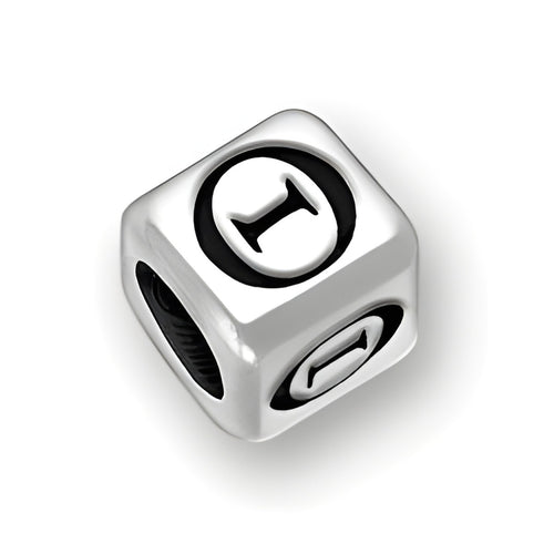 6mm rounded square letter block bead in sterling silver featuring the Greek letter Theta, with a 4mm hole.
