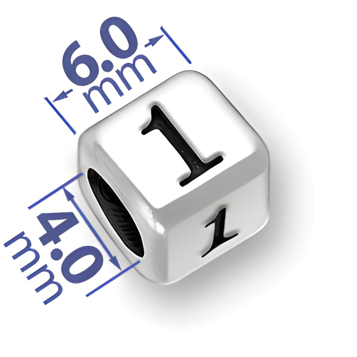 6mm rounded square letter block bead in sterling silver, featuring the number '1' with a 4mm hole.