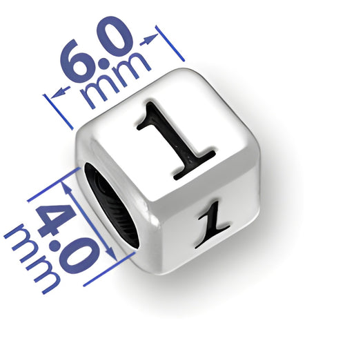 6mm rounded square letter block bead in sterling silver, featuring the number '1' with a 4mm hole.