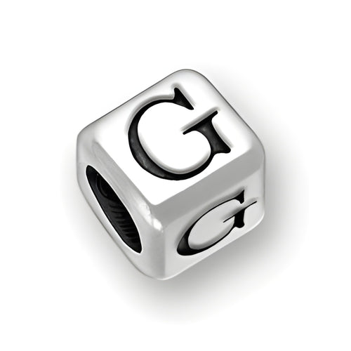 Sterling silver 6mm rounded square letter block bead featuring the letter 'G' with a 4mm hole.