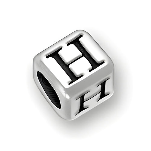 6mm rounded square letter block bead in sterling silver featuring the letter 'H', with a 4mm hole.