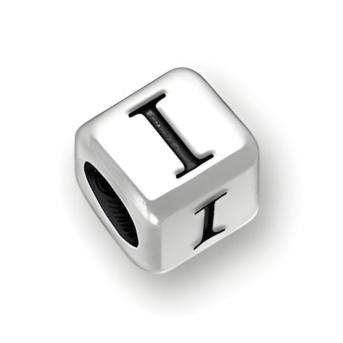 6mm rounded square letter block bead in sterling silver, featuring the letter 'I' with a 4mm hole.