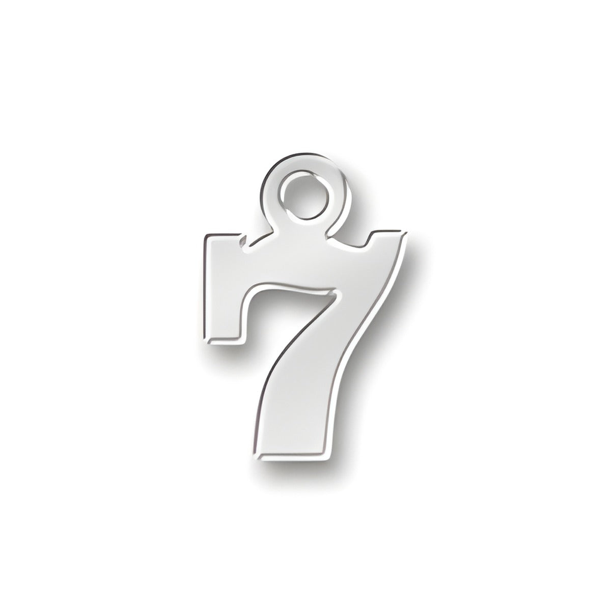 Charm Factory 7 Number Charm made of polished silver, featuring a sleek design of the number seven with a loop for attachment.
