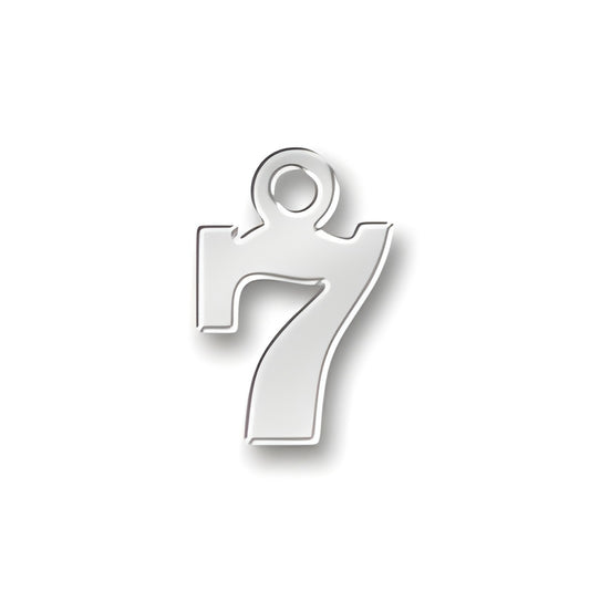 Charm Factory 7 Number Charm made of polished silver, featuring a sleek design of the number seven with a loop for attachment.