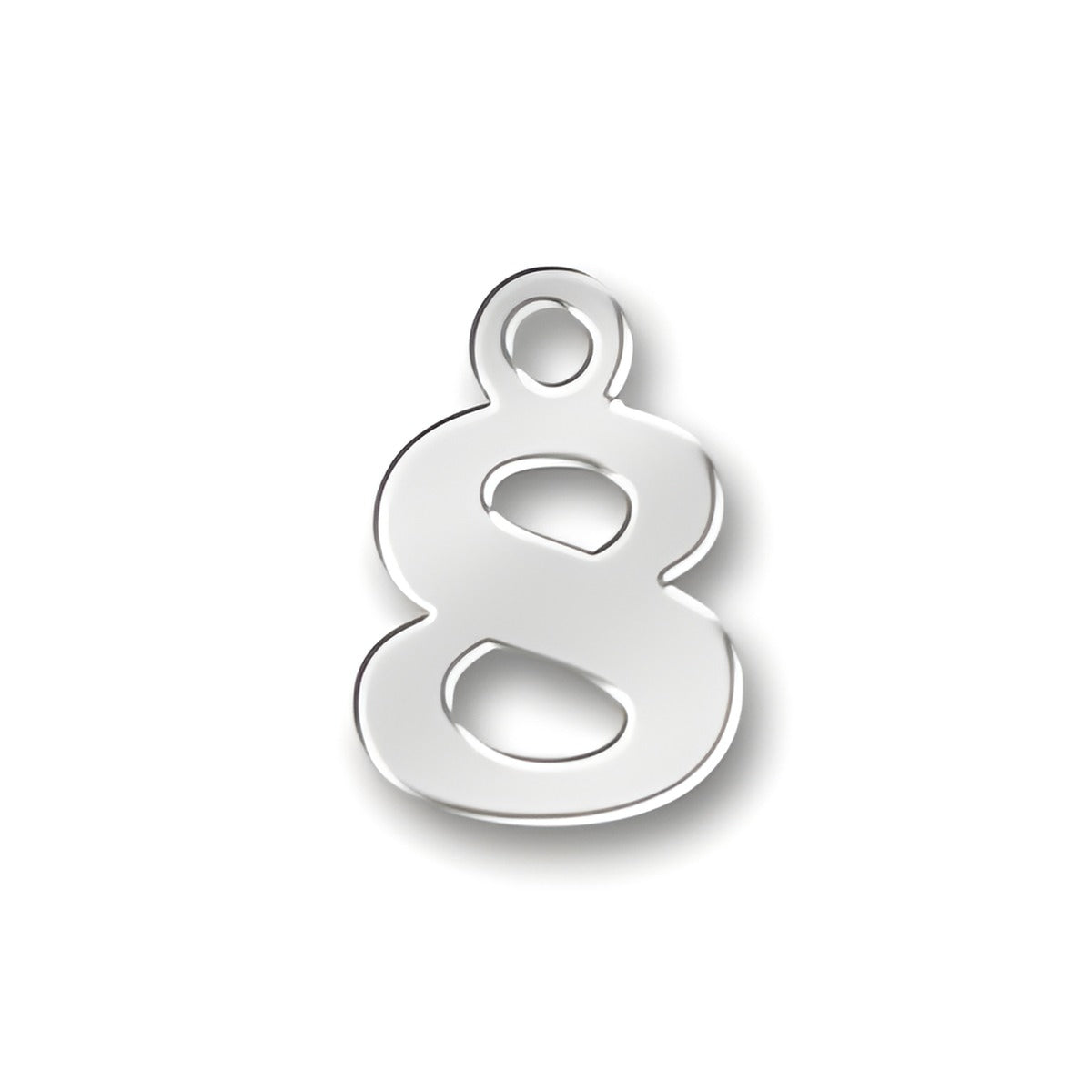 Charm Factory 8 Number Charm made of polished silver, featuring a bold, stylized number 8 design with a loop for attachment.