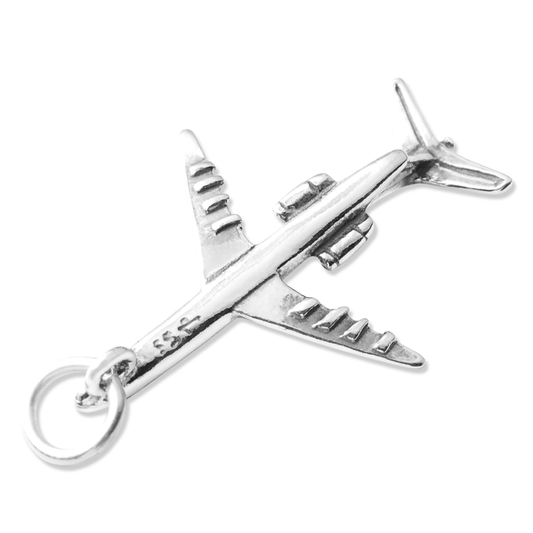 Jet Plane Charm made of sterling silver, featuring detailed wings and engines, designed for charm jewelry.