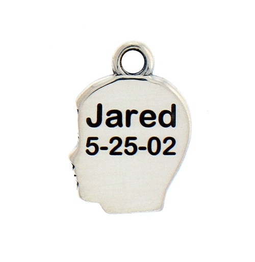 Charm Factory Boy's Profile Charm made of silver, featuring the name 'Jared' and the date '5-25-02' engraved.