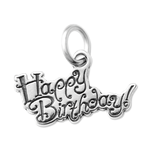 Sterling Silver Small Happy Birthday Charm featuring ornate lettering with a loop for attachment.