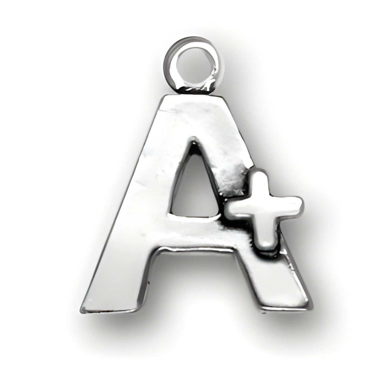 Charm Factory A Plus Sign Charm made of shiny silver metal, featuring a prominent 'A' with a '+' symbol.