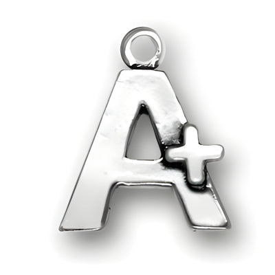 Charm Factory A Plus Sign Charm made of shiny silver metal, featuring a prominent 'A' with a '+' symbol.