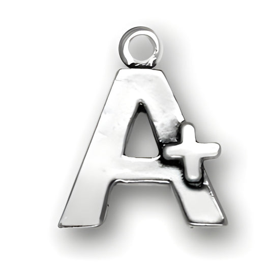 Charm Factory A Plus Sign Charm made of shiny silver metal, featuring a prominent 'A' with a '+' symbol.
