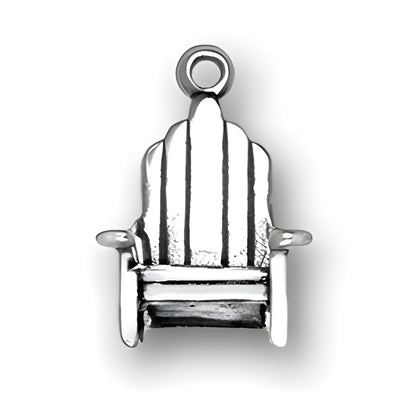 Adirondack Chair Charm made of sterling silver, featuring detailed slats and armrests, showcasing a classic chair design.
