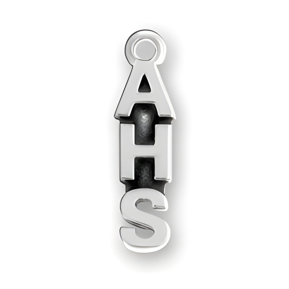 Sterling silver charm featuring the letters A, H, and S, designed for charm bracelets or necklaces.