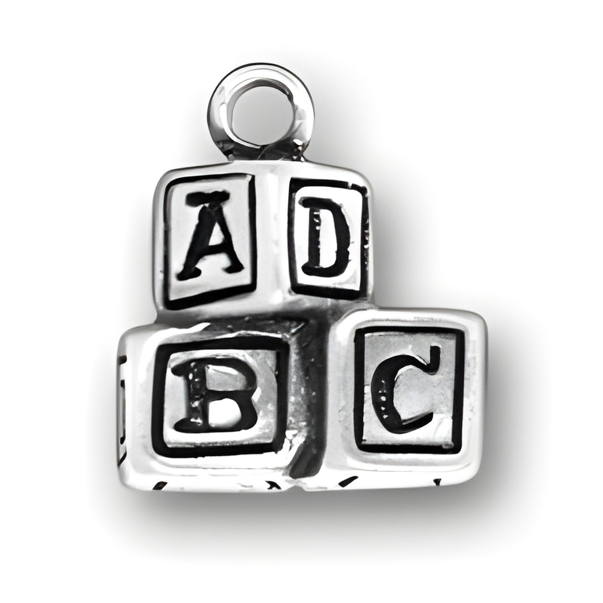 Charm Factory Alphabet Blocks Charm made of silver, featuring three stacked blocks with letters A, B, and C.