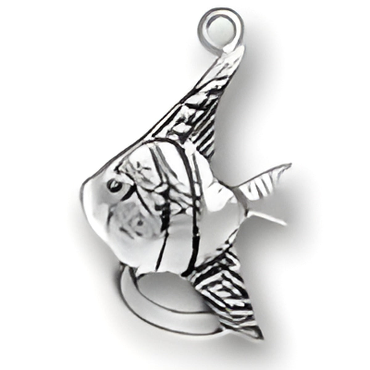 Charm Factory Angel Fish Charm made of polished sterling silver, featuring intricate detailing and a loop for attachment.