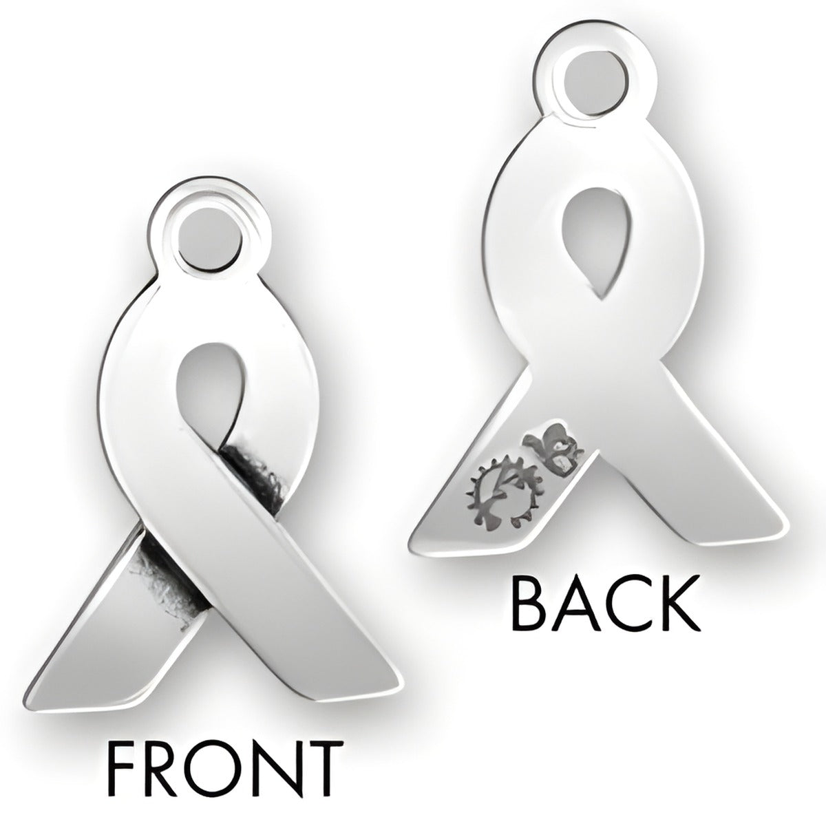 Charm Factory Awareness Ribbon charm made of polished silver, featuring a front and back view with a logo.
