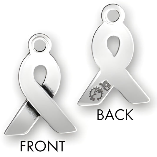 Charm Factory Awareness Ribbon charm made of polished silver, featuring a front and back view with a logo.