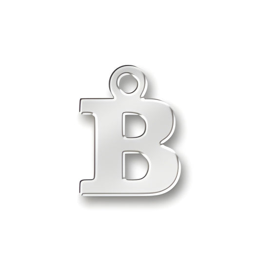 Sterling silver charm featuring the letter 'B' in a bold, modern font with a loop for attachment.