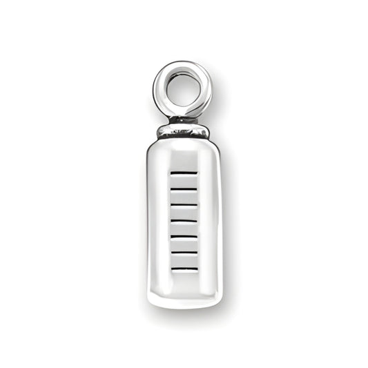 Charm Factory Baby Bottle Charm made of sterling silver, featuring detailed measurement lines on the bottle.