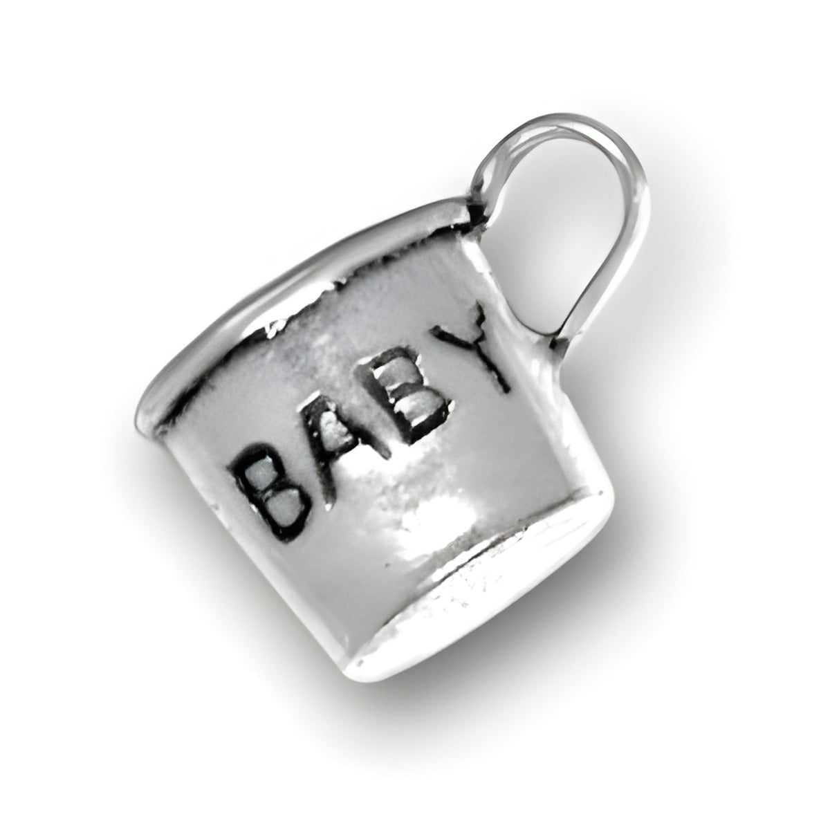 Charm Factory Baby Cup Charm made of silver, featuring the word 'BABY' engraved on the side.