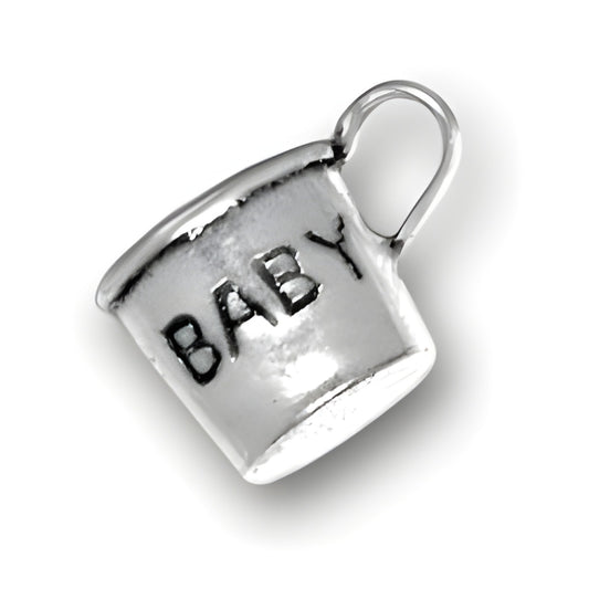 Charm Factory Baby Cup Charm made of silver, featuring the word 'BABY' engraved on the side.
