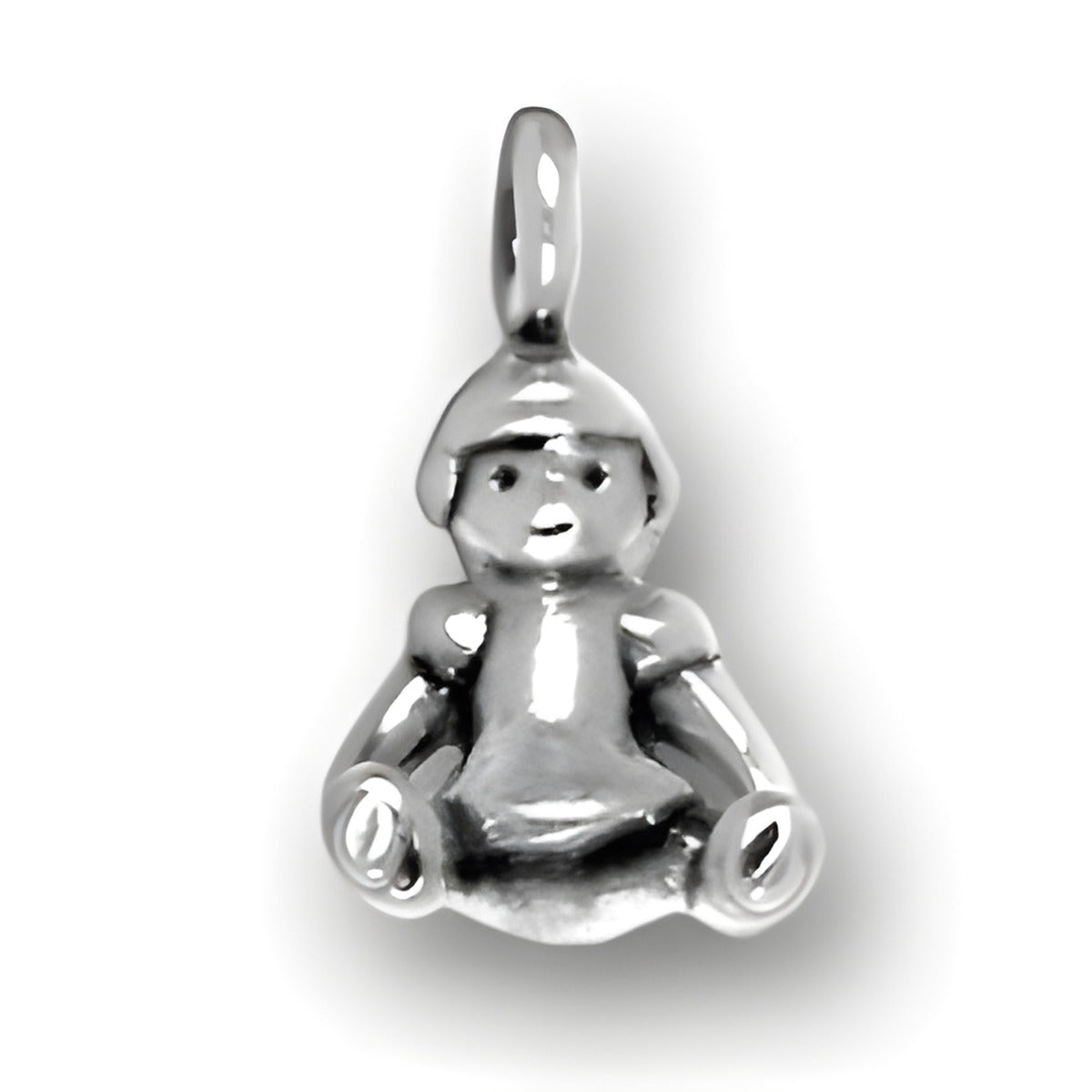 Charm Factory Baby Doll Charm, made of sterling silver, featuring a cute seated doll design with a hat.