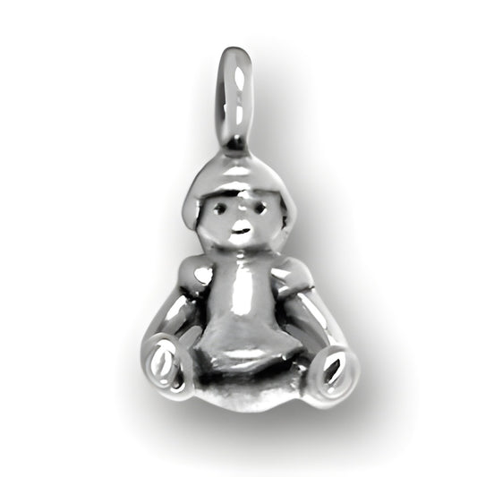 Charm Factory Baby Doll Charm, made of sterling silver, featuring a cute seated doll design with a hat.