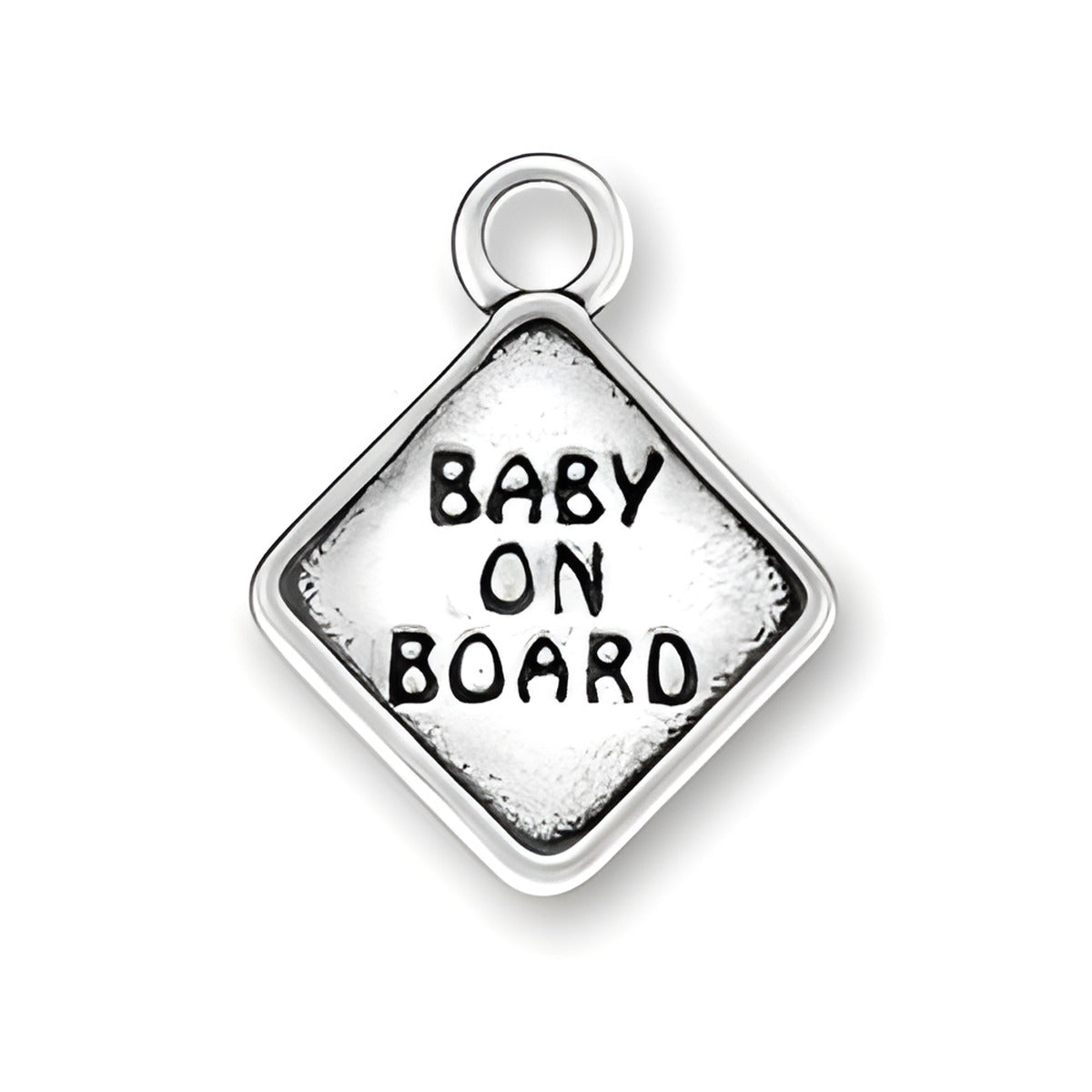 Charm Factory Baby on Board Charm, made of silver, featuring a diamond shape with engraved text.
