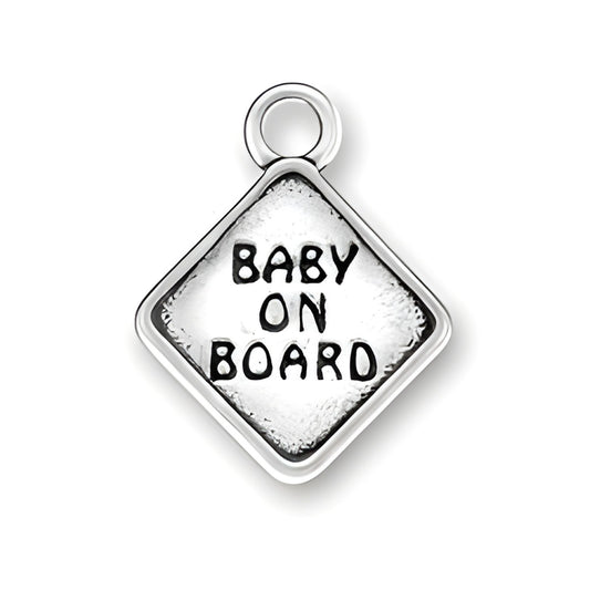 Charm Factory Baby on Board Charm, made of silver, featuring a diamond shape with engraved text.