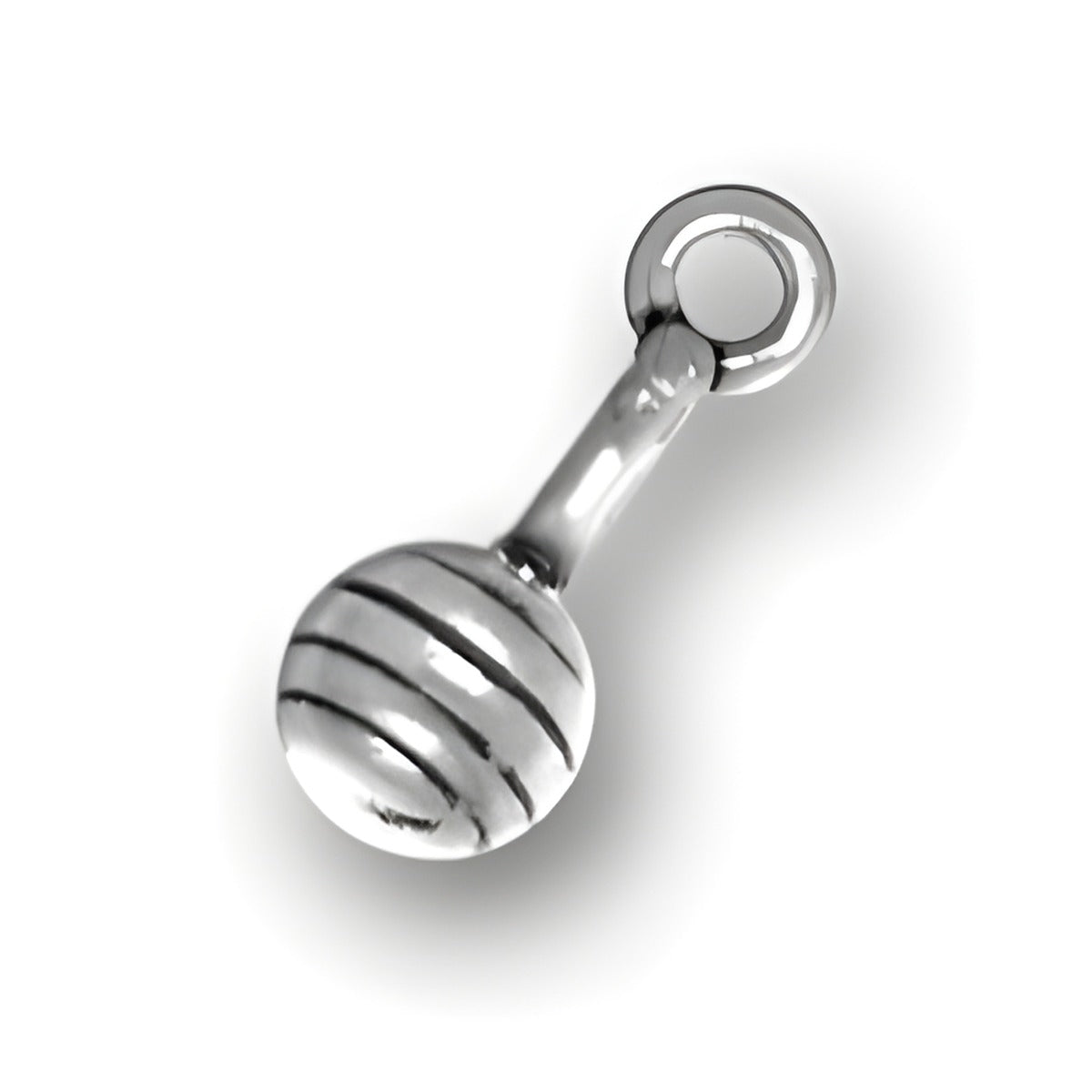 Charm Factory Baby Rattle Charm made of polished silver with striped detailing and a loop for attachment.