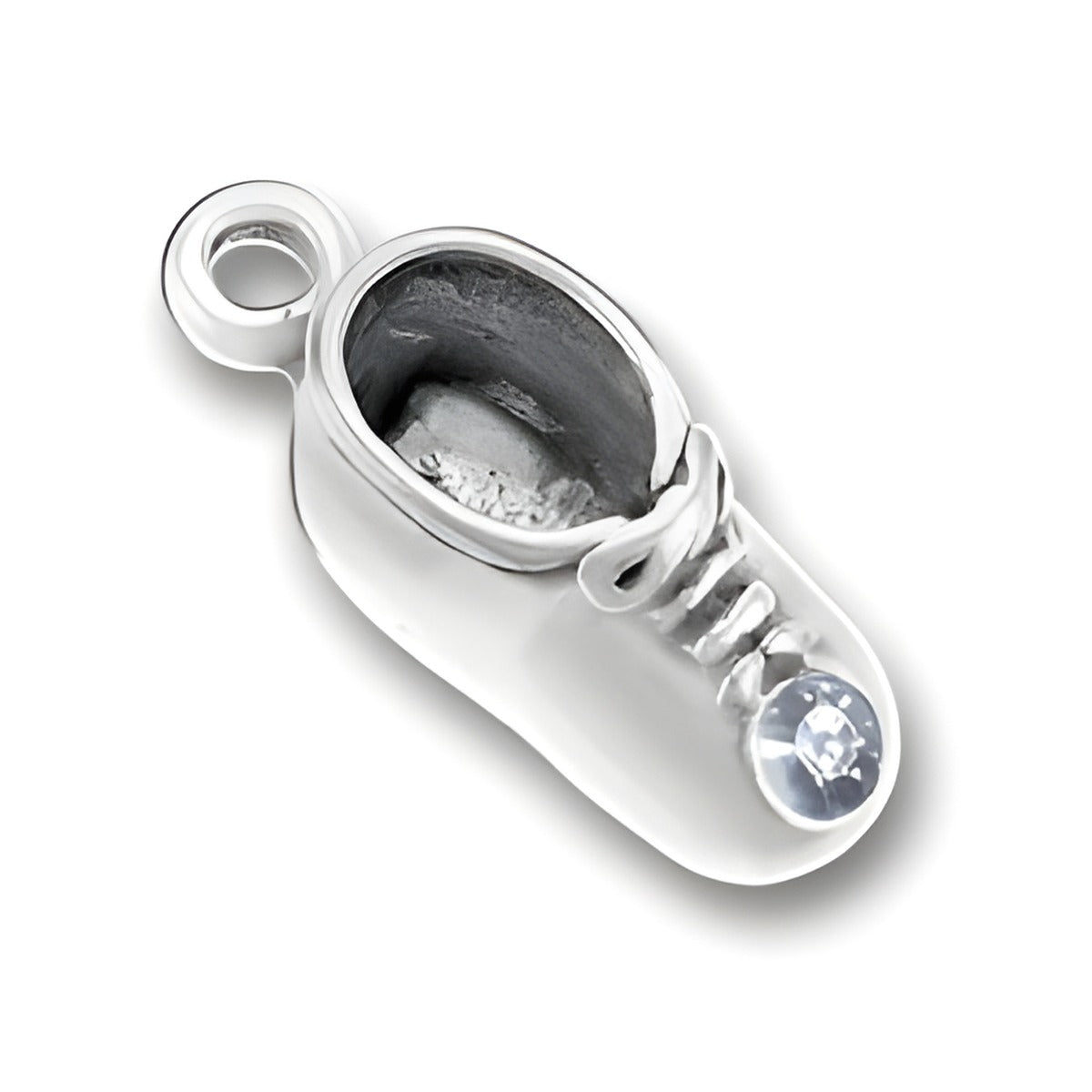 Charm Factory Baby Shoe Charm in silver with an April diamond accent, featuring detailed laces and a shiny finish.