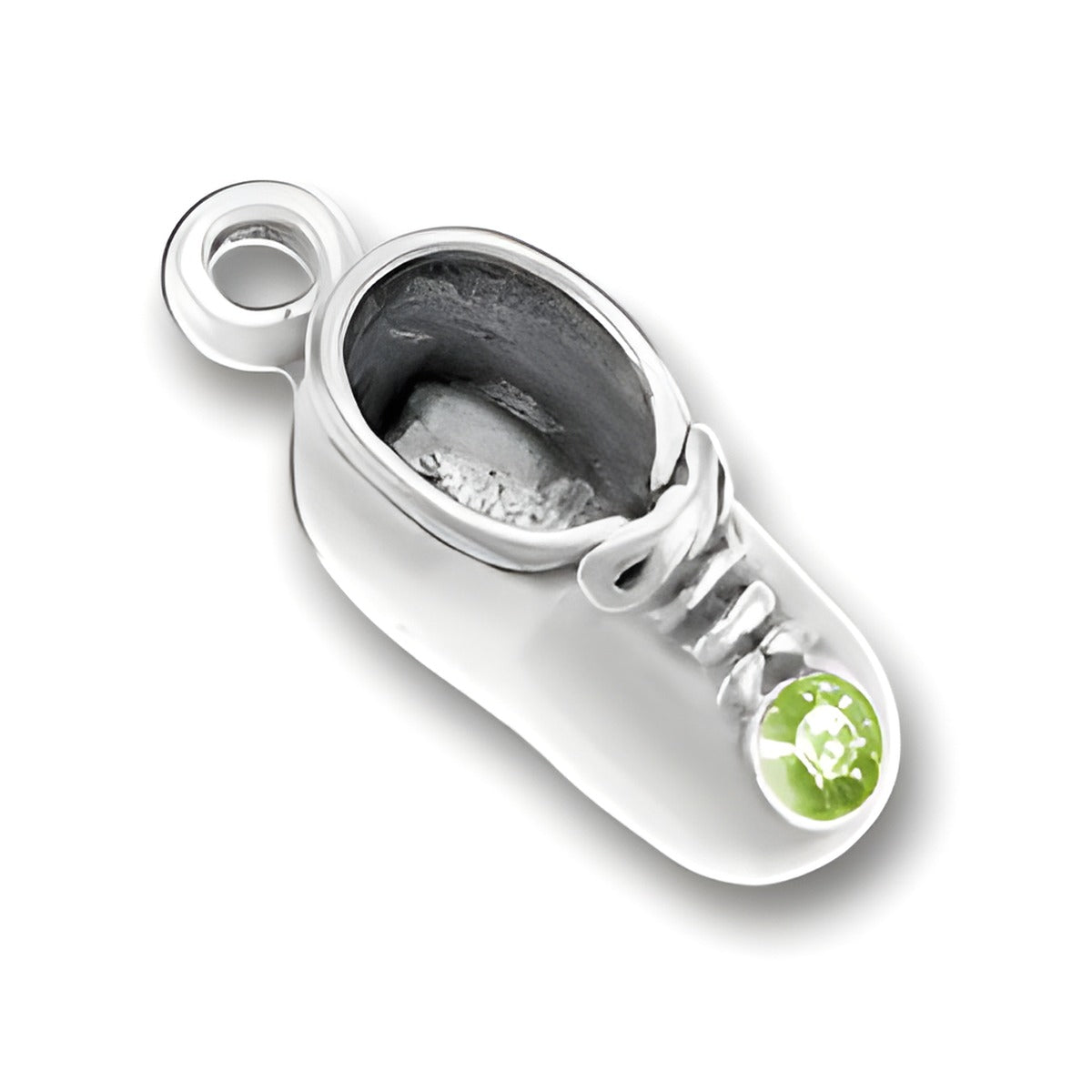 Charm Factory Baby Shoe Charm in silver with August Peridot gemstone accent, featuring detailed laces and open design.